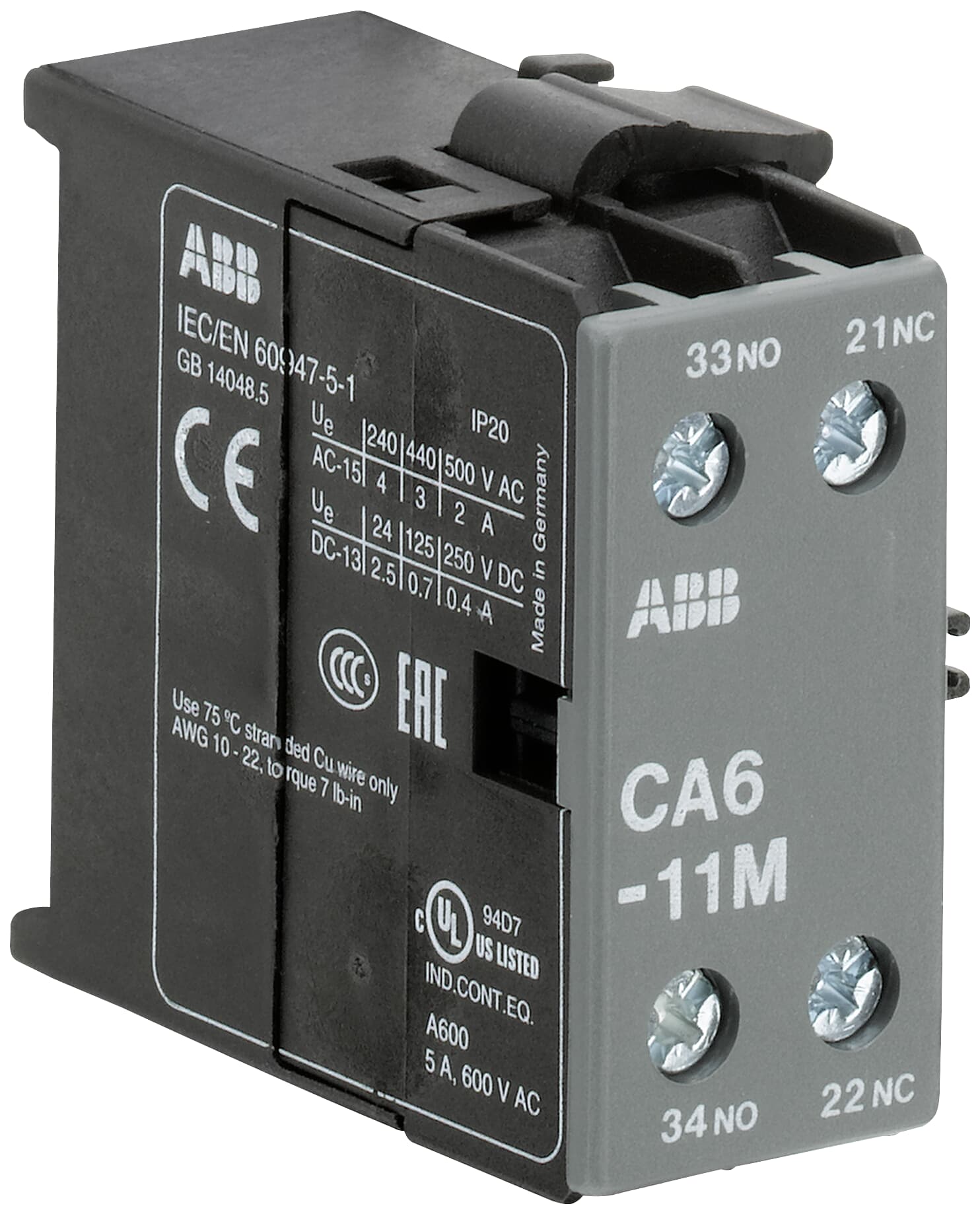 CA6-11M Auxiliary Contact 1NO/1NC screw terminal, side mounted
