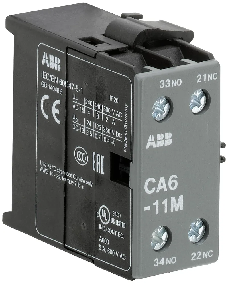 CA6-11M Auxiliary Contact 1NO/1NC screw terminal, side mounted