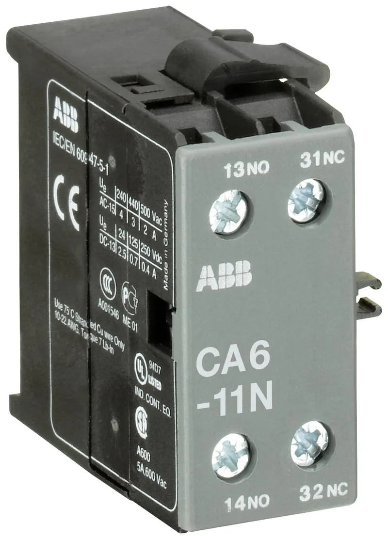 CA6-11N Auxiliary Contact 1NO/1NC screw terminal, side mounted