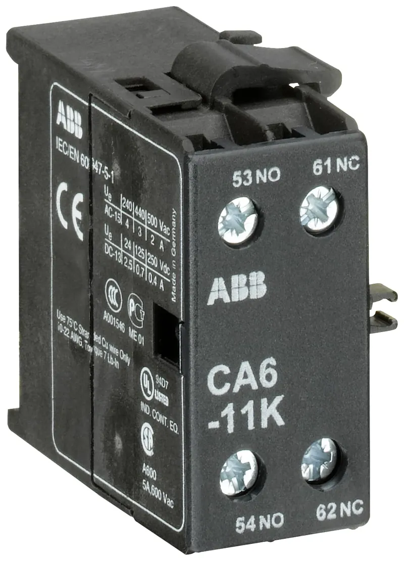 CA6-11K Auxiliary Contact 1NO/1NC screw terminal, side mounted