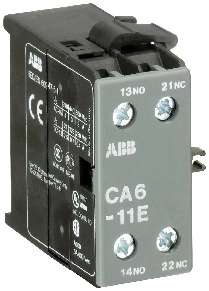 CA6-11E Auxiliary Contact 1NO/1NC screw terminal, side mounted