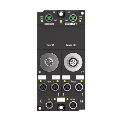 EtherCAT Box, 4/4-channel power distribution, for EtherCAT Box modules, with current measurement/data logging, M12, L-coded