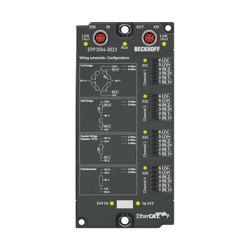 EtherCAT P Box, 4-channel analog input, measuring bridge, full/half/quarter bridge, 24 bit, 10 ksps, IP20 connector
