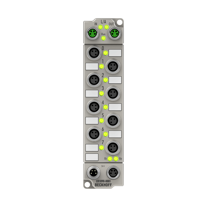 EtherCAT Box, 8-channel digital input, 24 V DC, 10 µs, ground switching, M8, zinc die-cast
