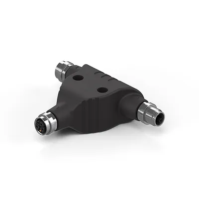 M12, T splitter, 1 x M12, plug, straight, male, L-coded – 2 x M12, socket, straight, female, L-coded, pin assignment 1:1