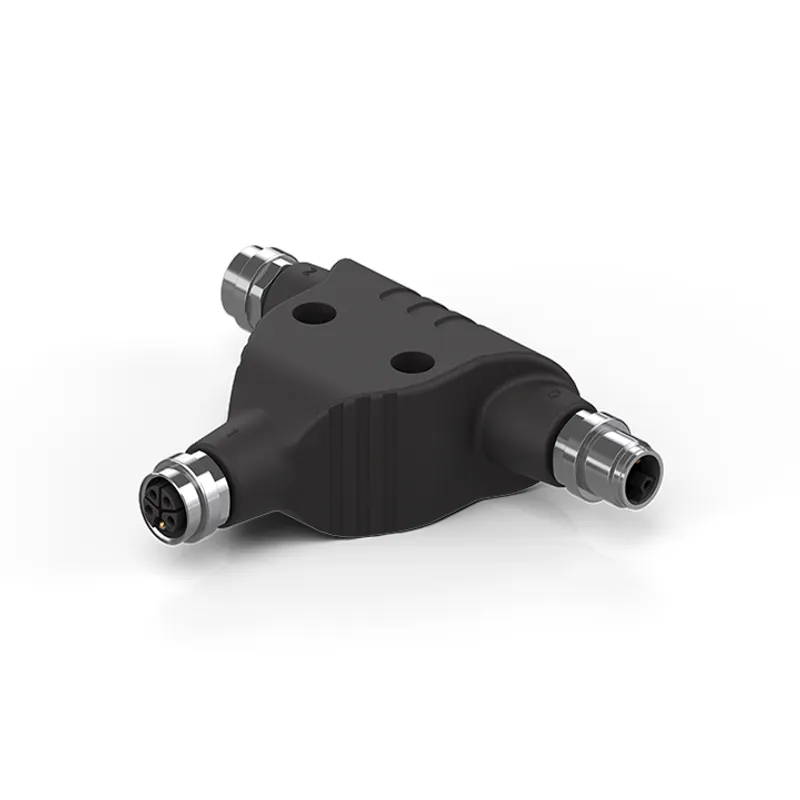 M12, T splitter, 1 x M12, plug, straight, male, L-coded – 2 x M12, socket, straight, female, L-coded, pin assignment 1:1