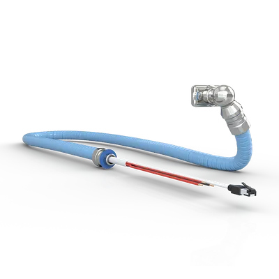 Cap with angled infeed