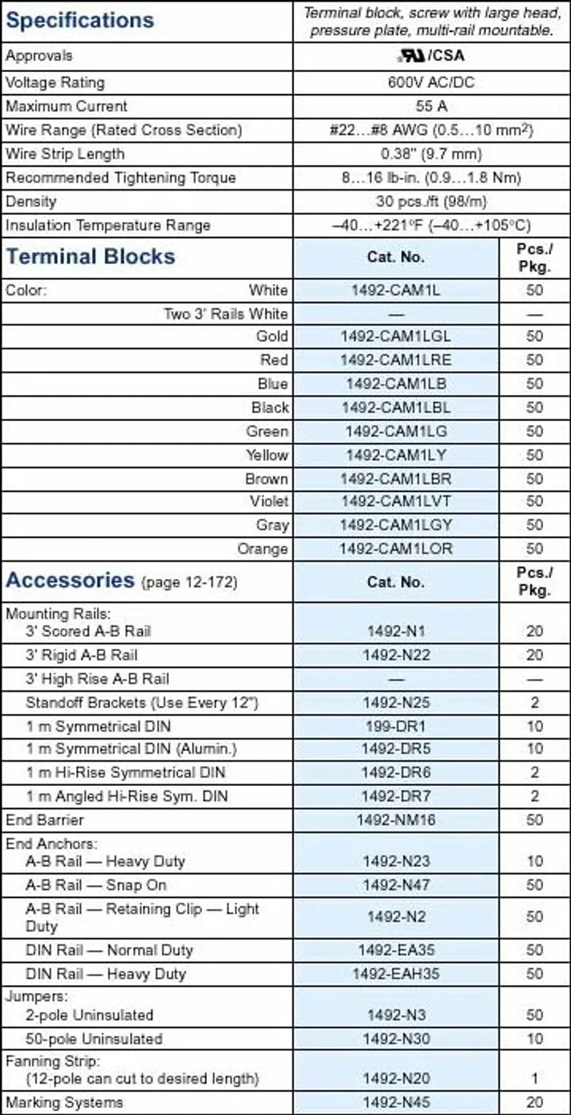 Rockwell Automation / Allen-Bradley 1492-CAM1L – TERM BLCK MULTI-Rail MTD 1P 55A WHT — photo 3 of 4