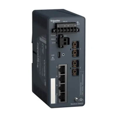 network switch, Modicon Networking, managed, 4 ports for copper with 2 port for fiber optic, singlemode