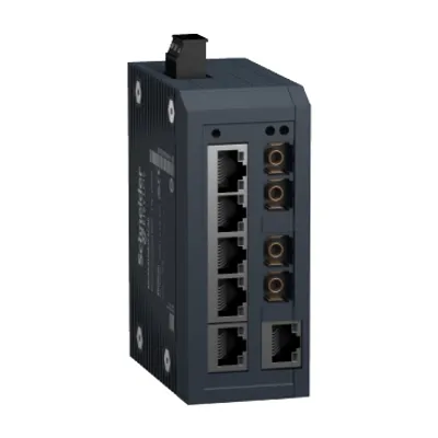 network switch, Modicon Networking, standard unmanaged, 6 ports for copper with 2 ports for singlemode fiber optic