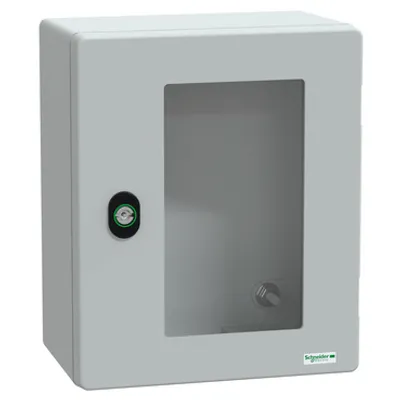 Wall mounted polyester enclosure, PanelSeT PLM, glazed door, 308x255x160mm, IP66, IK08, RAL 7035