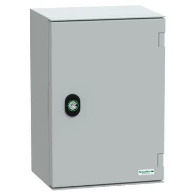 Wall mounted ABS + PC enclosure, PanelSeT PLM, plain door, with bakelite plate, 310x215x160mm, IP66, IK10, RAL 7035