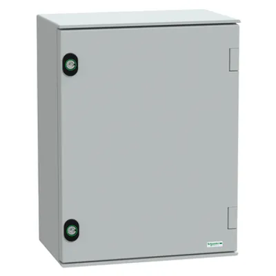 Wall mounted polyester enclosure, PanelSeT PLM, plain door, with metallic plate, 430x330x200mm, IP66, IK10, RAL 7035
