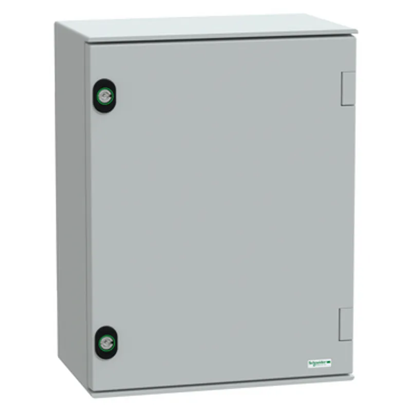 Wall mounted polyester enclosure, PanelSeT PLM, plain door, with metallic plate, 430x330x200mm, IP66, IK10, RAL 7035 — photo 1 of 7