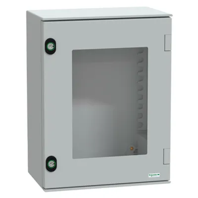 Wall mounted polyester enclosure, PanelSeT PLM, glazed door, 430x330x200mm, IP66, IK08, RAL 7035