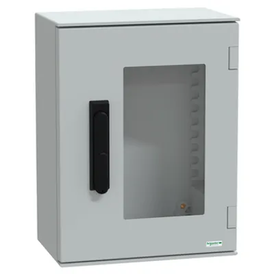 Wall mounted polyester enclosure, PanelSeT PLM, glazed door, with handle, 430x330x200mm, IP66, IK08, RAL 7035