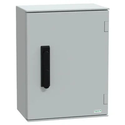 Wall mounted polyester enclosure, PanelSeT PLM, plain door, with handle, 430x330x200mm, IP66, IK10, RAL 7035