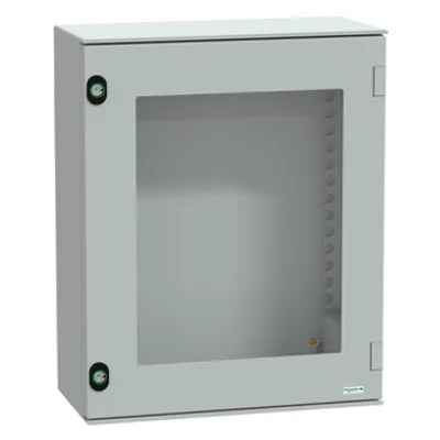 Wall mounted polyester enclosure, PanelSeT PLM, glazed door, 530x430x200mm, IP66, IK08, RAL 7035