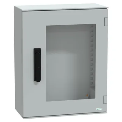 Wall mounted polyester enclosure, PanelSeT PLM, glazed door, with handle, 530x430x200mm, IP66, IK08, RAL 7035