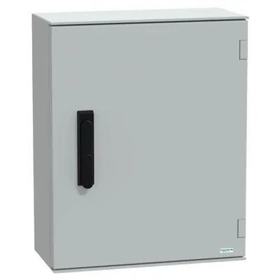 Wall mounted polyester enclosure, PanelSeT PLM, plain door, with handle, 530x430x200mm, IP66, IK10, RAL 7035