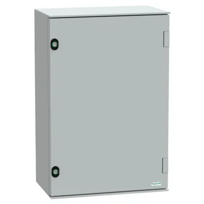 Wall mounted polyester enclosure, PanelSeT PLM, plain door, with bakelite plate, 647x436x250mm, IP66, IK10, RAL 7035