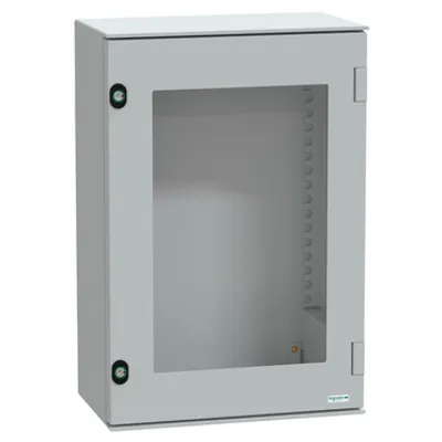 Wall mounted polyester enclosure, PanelSeT PLM, glazed door, 647x436x250mm, IP66, IK08, RAL 7035