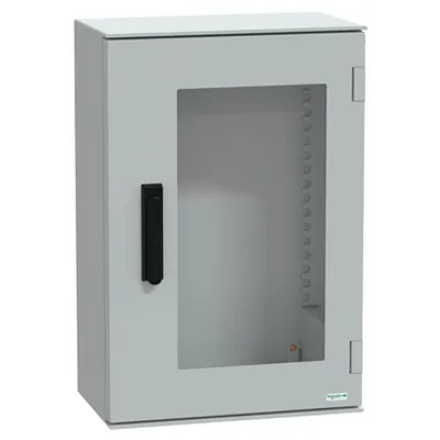 Wall mounted polyester enclosure, PanelSeT PLM, glazed door, with handle, 647x436x250mm, IP66, IK08, RAL 7035