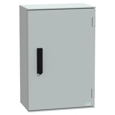 Wall mounted polyester enclosure, PanelSeT PLM, plain door, with handle, 647x436x250mm, IP66, IK10, RAL 7035