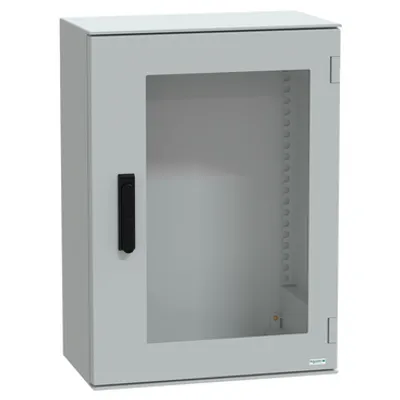 Wall mounted polyester enclosure, PanelSeT PLM, glazed door, with handle, 747x536x300mm, IP66, IK08, RAL 7035