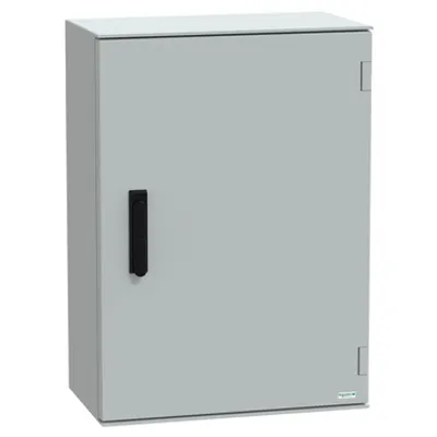 Wall mounted polyester enclosure, PanelSeT PLM, plain door, with handle, 747x536x300mm, IP66, IK10, RAL 7035
