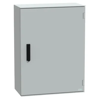 Wall mounted polyester enclosure, PanelSeT PLM, plain door, with handle, 847x636x300mm, IP66, IK10, RAL 7035