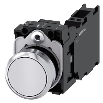 Siemens 3SU1150-0AB60-3FA0 – Pushbutton, 22 mm, round, metal, shiny, white, pushbutton, flat, momentary contact type, with holder Siemens 3SU1150-0AB60-3FA0 – Pushbutton, 22 mm, round, metal, shiny, white, pushbutton, flat, momentary contact type, with holder