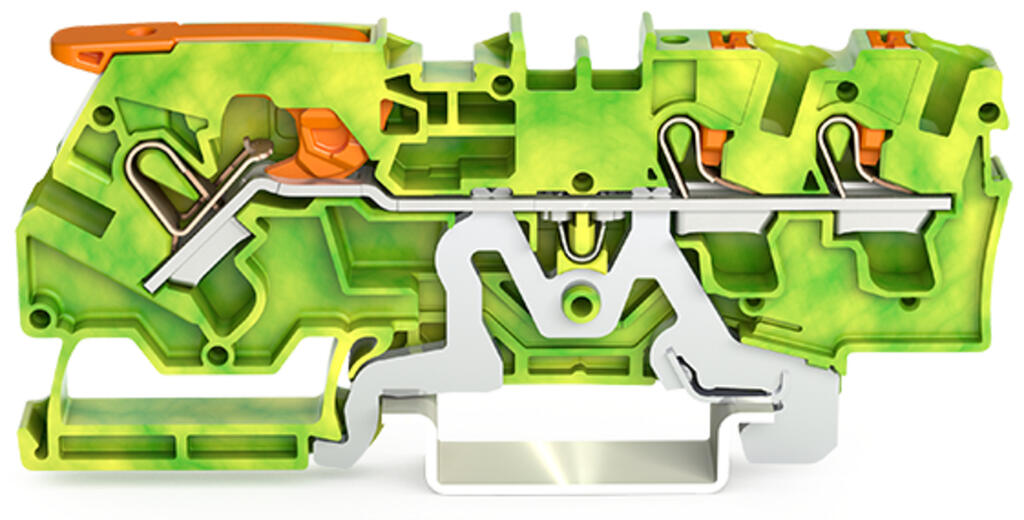 3-conductor ground terminal block; with lever and push-button; 4 mm²; with test port; side and center marking; for DIN-rail 35 x 15 and 35 x 7.5; Push-in CAGE CLAMP®; 4,00 mm²; green-yellow — photo 1 of 3