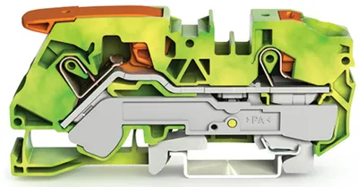 Wago 2116-5207 – 2-conductor ground terminal block; with lever and push-button; 16 mm²; with test port; side and center marking; for DIN-rail 35 x 15 and 35 x 7.5; Push-in CAGE CLAMP®; 16,00 mm²; green-yellow