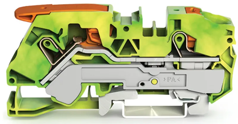 2-conductor ground terminal block; with lever and push-button; 16 mm²; with test port; side and center marking; for DIN-rail 35 x 15 and 35 x 7.5; Push-in CAGE CLAMP®; 16,00 mm²; green-yellow — photo 1 of 3