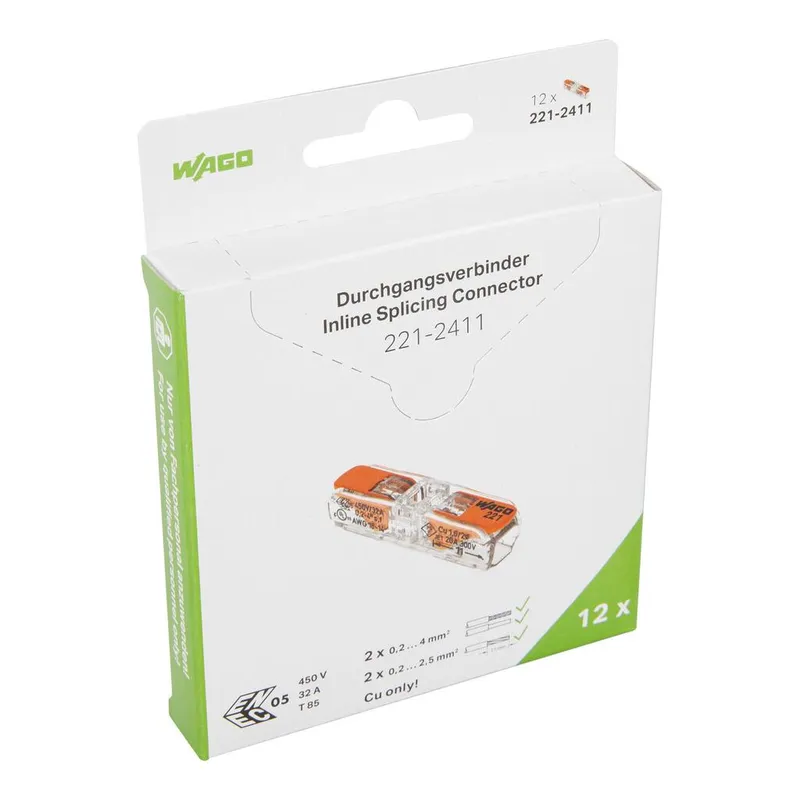 Inline splicing connector with levers; for all conductor types; max. 4 mm²; 2-conductor; transparent housing; Transparent cover; Surrounding air temperature: max 85°C (T85); 4,00 mm²; transpa