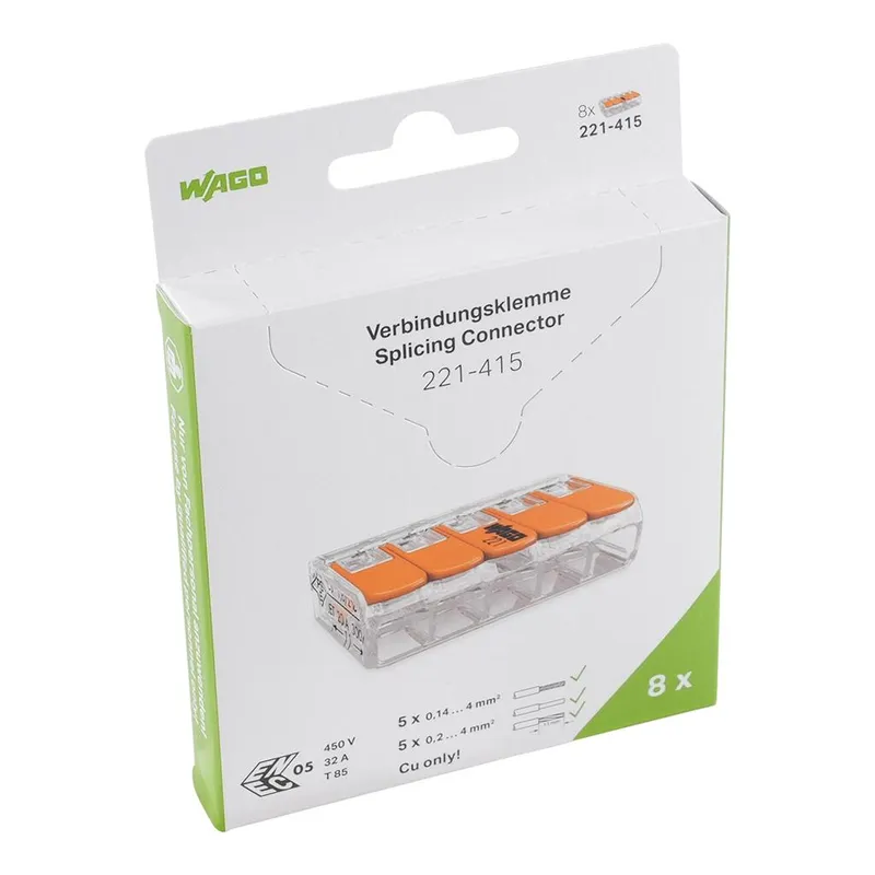 Splicing connector with levers; for all conductor types; max. 4 mm²; 5-conductor; transparent housing; Surrounding air temperature: max 85°C (T85); 4,00 mm²; transparent