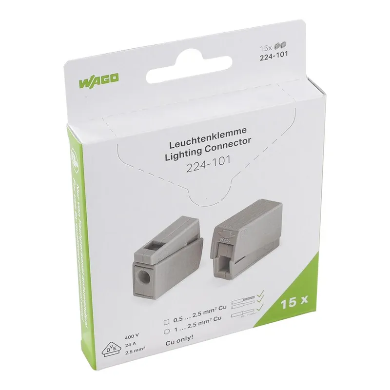Lighting connector; push-button on lighting side; Lighting side: for all conductor types; Inst. side: for solid conductors; 224 Series; max. 2.5 mm²; Surrounding air temperature: max 60°C; 2,
