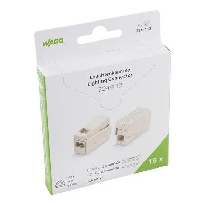 2-conductor lighting connector; push-button on lighting side; Lighting side: for all conductor types; Inst. side: for solid conductors; 224 Series; max. 2.5 mm²; Surrounding air temperature: