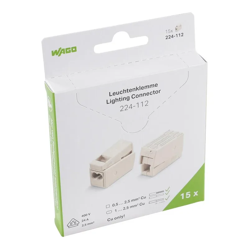 2-conductor lighting connector; push-button on lighting side; Lighting side: for all conductor types; Inst. side: for solid conductors; 224 Series; max. 2.5 mm²; Surrounding air temperature: