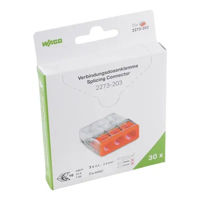 PUSH WIRE® splicing connector; for solid conductors; max. 2.5 mm²; 3-conductor; transparent housing; orange cover; Surrounding air temperature: max 60°C (T60); 2,50 mm²; transparent