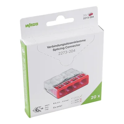 PUSH WIRE® splicing connector; for solid conductors; max. 2.5 mm²; 4-conductor; transparent housing; red cover; Surrounding air temperature: max 60°C (T60); 2,50 mm²; transparent