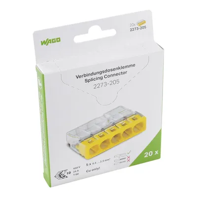 PUSH WIRE® splicing connector; for solid conductors; max. 2.5 mm²; 5-conductor; transparent housing; yellow cover; Surrounding air temperature: max 60°C (T60); 2,50 mm²; transparent