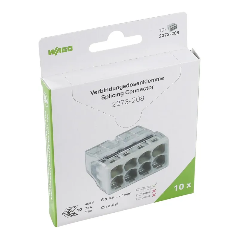 PUSH WIRE® splicing connector; for solid conductors; max. 2.5 mm²; 8-conductor; transparent housing; light gray cover; Surrounding air temperature: max 60°C (T60); 2,50 mm²; transparent