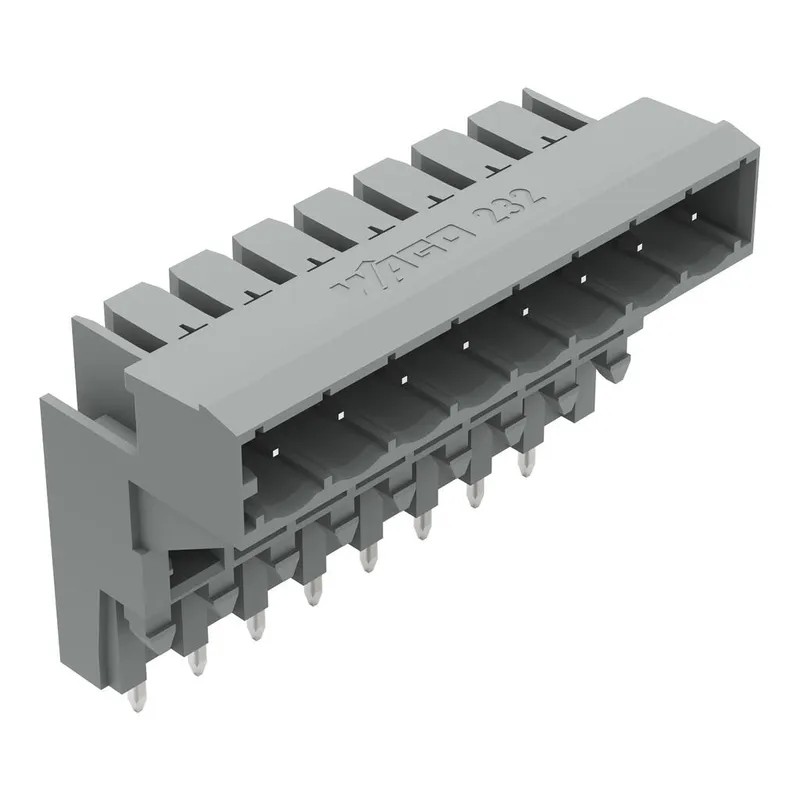 THT male header for double-deck assembly; 1.0 x 1.0 mm solder pin; angled; Pin spacing 5 mm; 8-pole; gray — photo 1 of 3