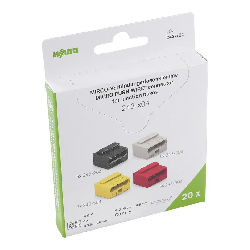 MICRO PUSH WIRE® connector for junction boxes; for solid conductors; max. 0.8 mm Ø; 4-conductor; light gray cover; Surrounding air temperature: max 60°C; 0,80 mm²; dark gray