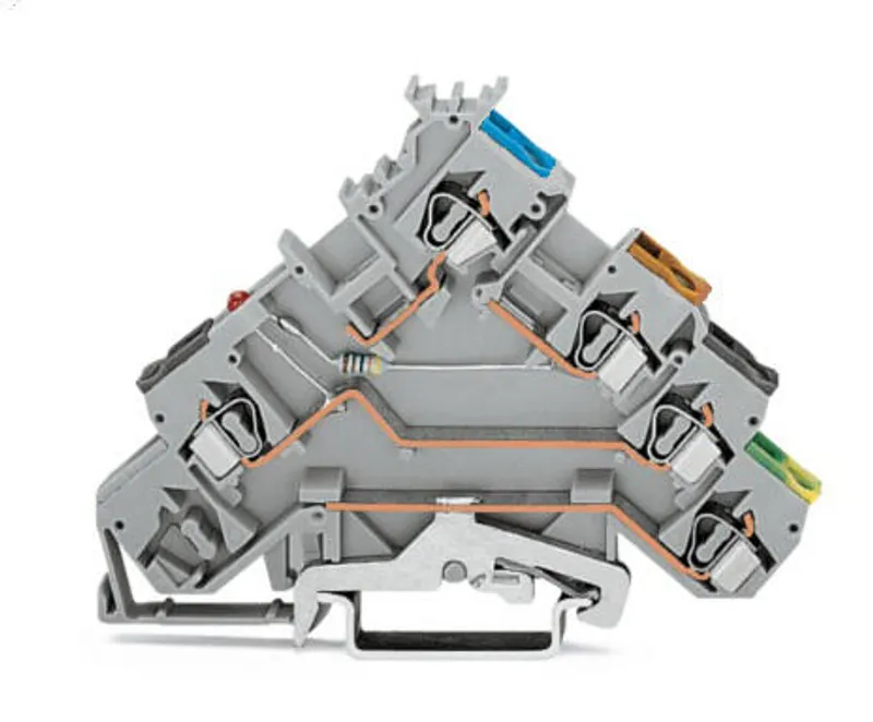 4-conductor sensor terminal block; LED (red); for NPN-(low-side) switching sensors; with colored conductor entries; 2.5 mm²; CAGE CLAMP®; 2,50 mm²; gray — photo 1 of 2