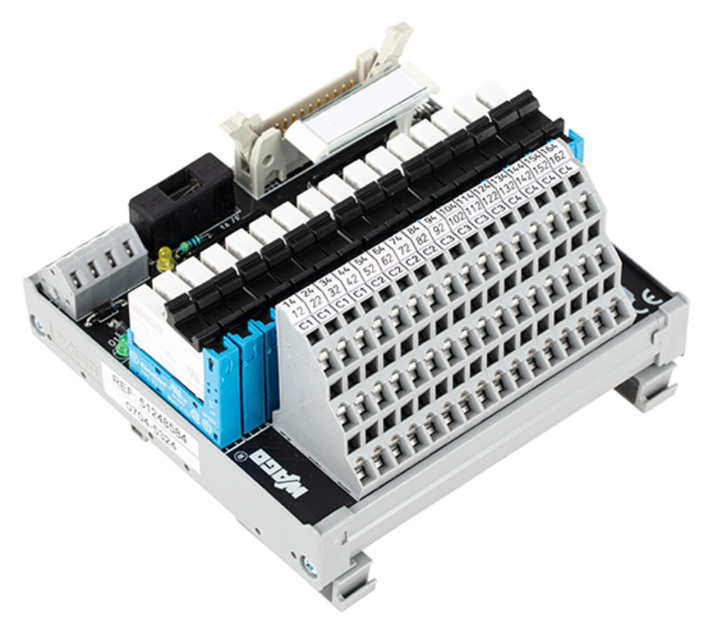 Interface module for system wiring; Pluggable connector per DIN 41651; Male connector; 20-pole; 16-channel relay output; 1 changeover contact; Triple-deck PCB terminal blocks; in mounting car — photo 1 of 4