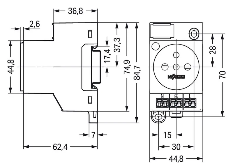 Switchgear cabinet outlet; for DIN-rail and screw mounting; for plug, type E, CEE 7/5; common in FR, BE, PL; with LED status indicator; with Push-in Cage Clamp double connection; signal yello — photo 5 of 5