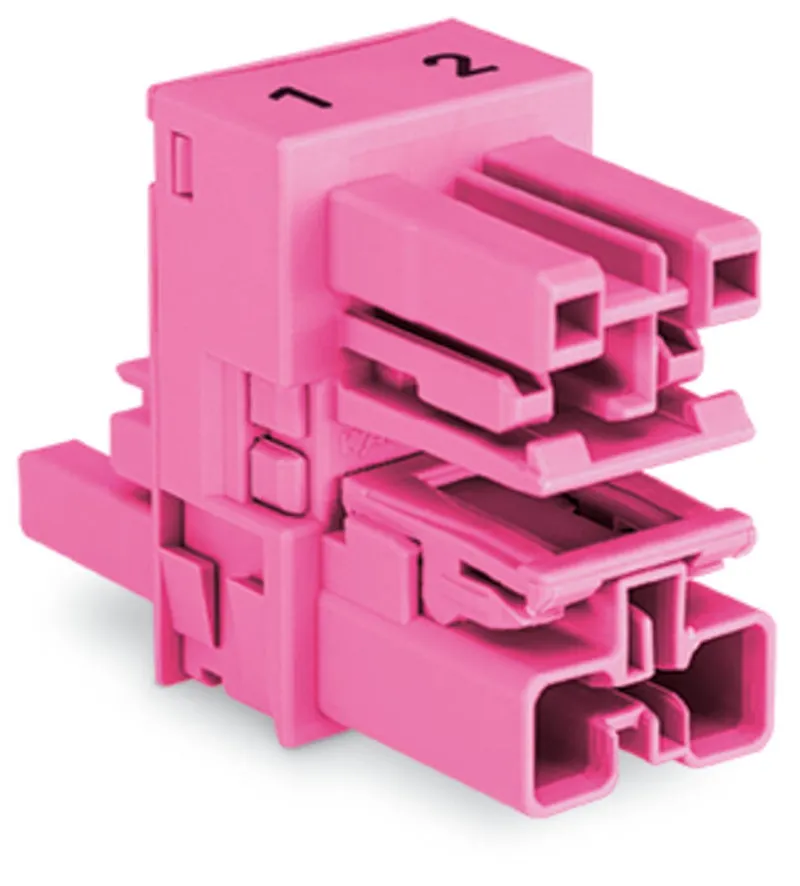 h-distribution connector; 2-pole; Cod. B; 1 input; 2 outputs; outputs on both sides; 2 locking levers; pink — photo 1 of 2